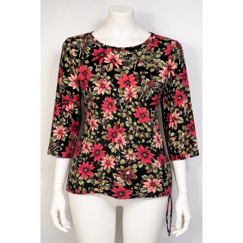 Alfred Dunner Black Floral Scoop Neck Top with Red-Pink Blossoms. Didn’t fit!